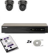 Hikvision set met 2 x Hikvision DS-2CD2386G2-I B 8mp 2.8mm AcuSense vaste turretcamera,1 x 4 kanaals DS-7604NI-K1/4P recorder, 1 x HD van 1 TB