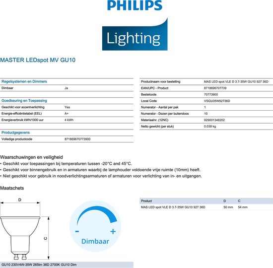 Philips Ultra Efficient LED spot - 50 W - GU10 - Wit licht