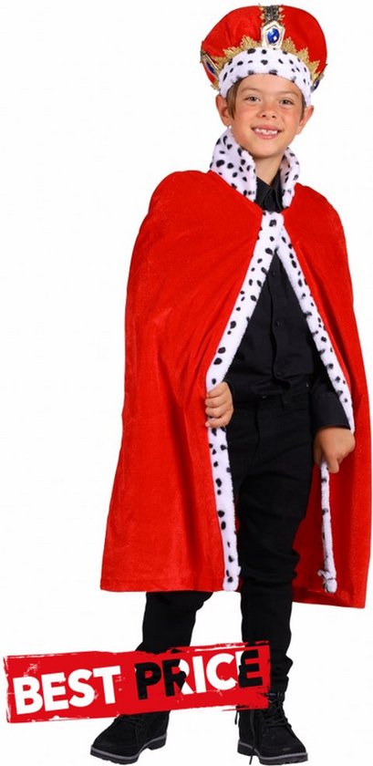 Konings mantel Kind Rood inclusief kroon - kostuum 90 cm.