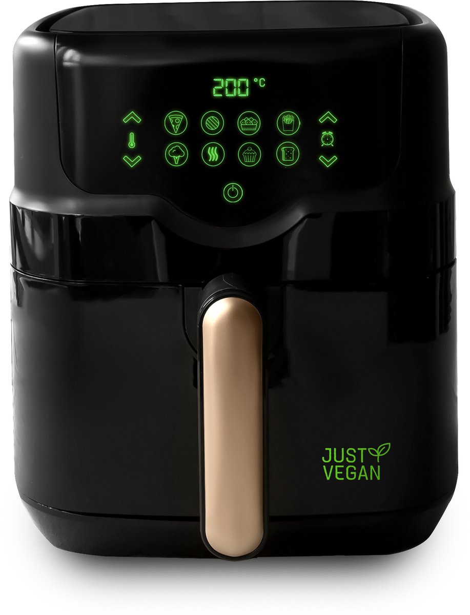 Just Vegan, Arifryer - zwart - 200°C - Hetelucht friteuse - Plantaardige antiaanbaklaag - Duurzaam en vetvrij frituren