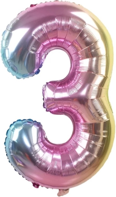 cijfer ballon - 3 Jaar - folie ballon- 80 cm- Rainbow