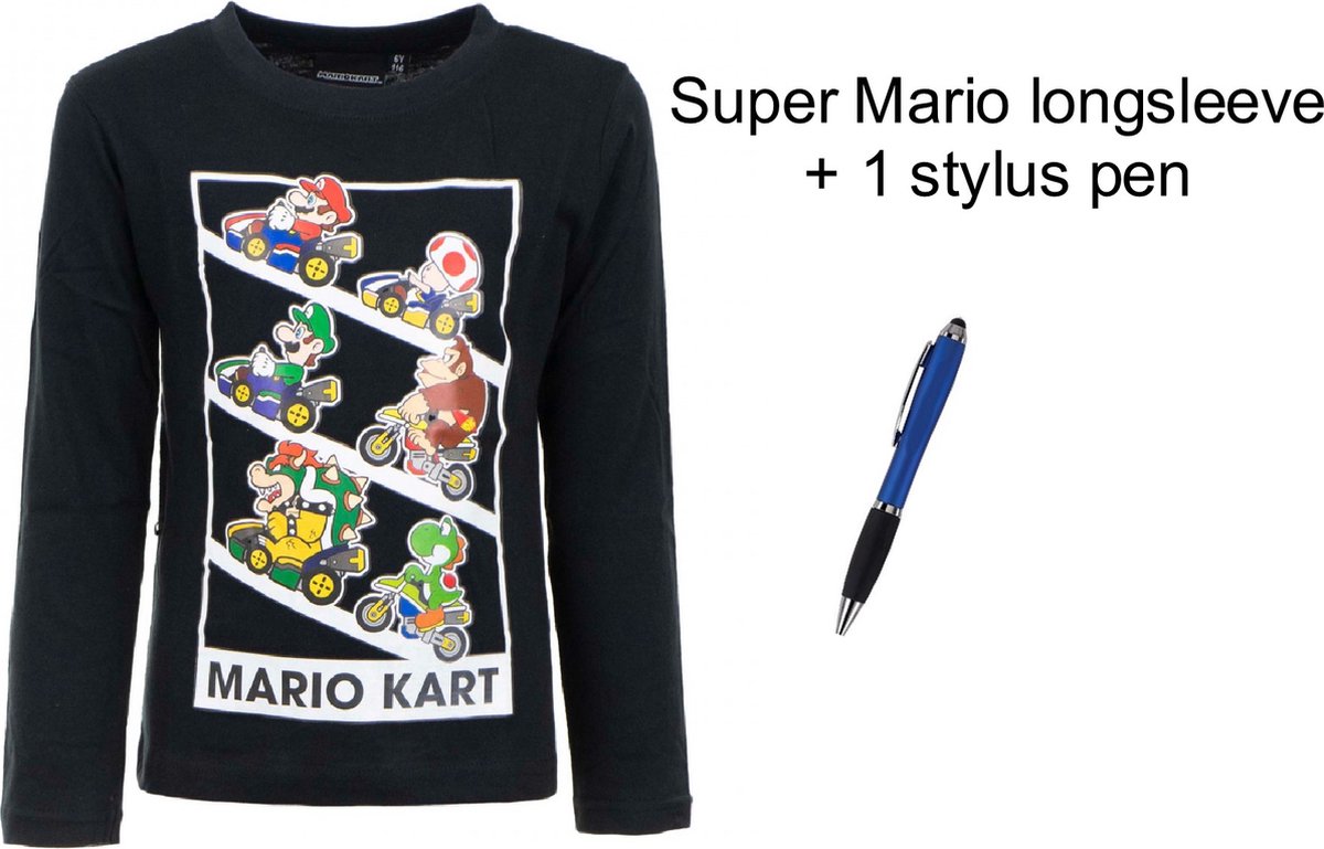 Super Mario Bross T-shirt Longsleeve - Zwart. Maat 128 cm / 8 jaar + EXTRA 1 Stylus Pen.