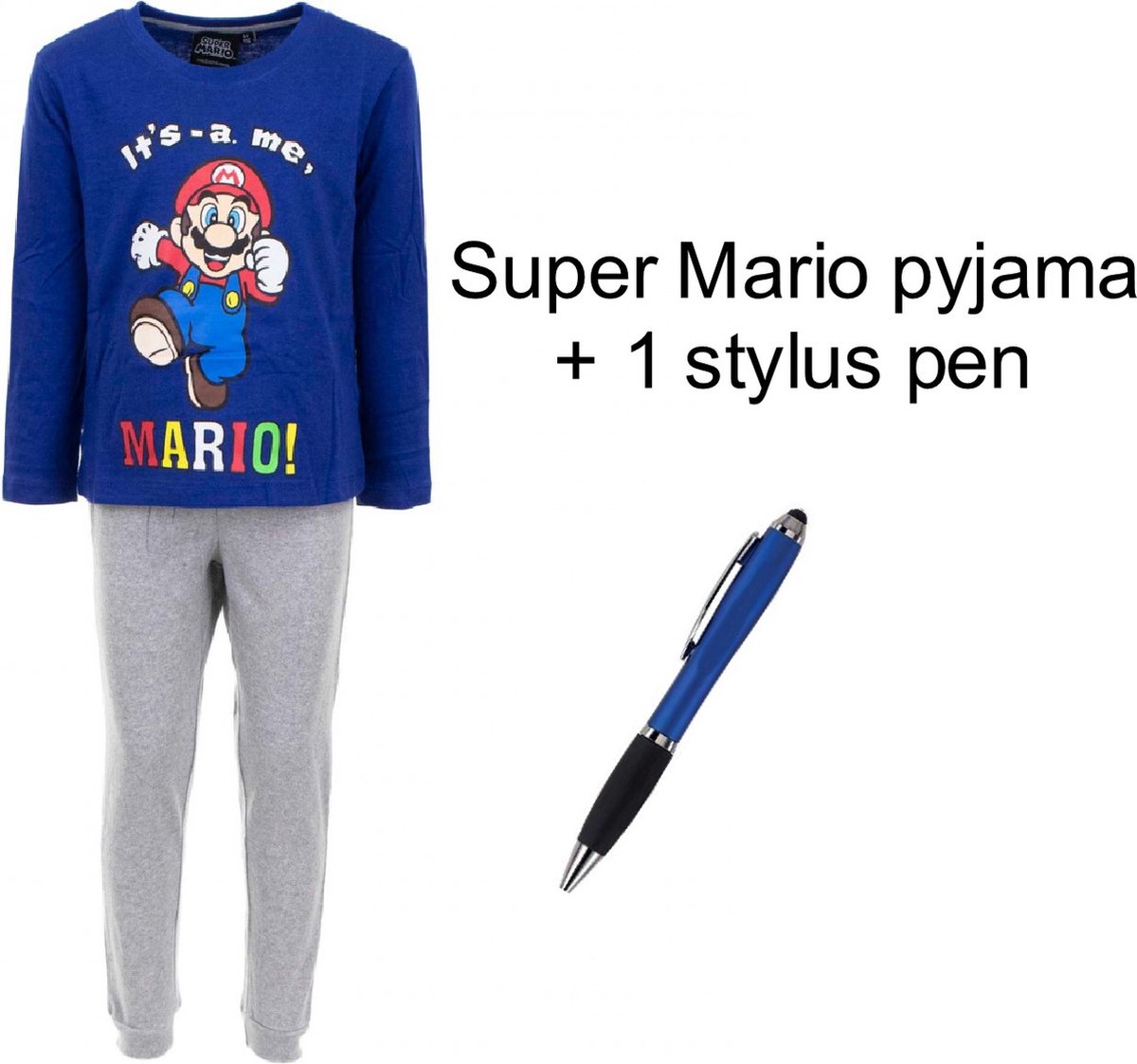 Super Mario Bross Pyjama - Donkerblauw / Mele grijs. Maat 104 cm / 4 jaar + EXTRA 1 Stylus Pen.