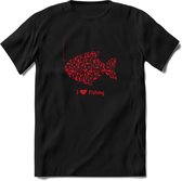 I Love Fishing - Vissen T-Shirt | Rood | Grappig Verjaardag Vis Hobby Cadeau Shirt | Dames - Heren - Unisex | Tshirt Hengelsport Kleding Kado - Zwart - 3XL