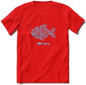 I Love Fishing - Vissen T-Shirt | Blauw | Grappig Verjaardag Vis Hobby Cadeau Shirt | Dames - Heren - Unisex | Tshirt Hengelsport Kleding Kado - Rood - 3XL