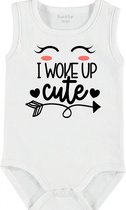 Baby Rompertje met tekst 'I woke up this cute' | mouwloos l | wit zwart | maat 50/56 | cadeau | Kraamcadeau | Kraamkado