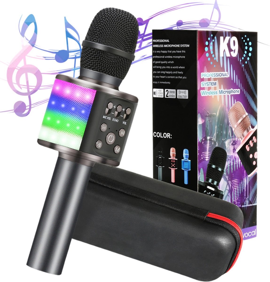 GLIME K9 Karaoke microfoons - 5-in-1 Bluetooth karaoke-microfoon - KTV microfoon - met dansen, led-verlichting en muziekluidspreker - voor volwassenen, karaoke microfoon, kinderen - compatibel Android/iOS/PC - zwart - beste cadeau