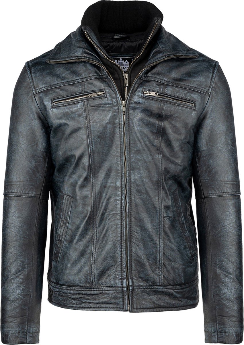 Urban 5884® - Carlo - Heren Winterjas – Jack - Uitritsbare Kraag – Lams Leer – Denim Blauw- Maat 3XL