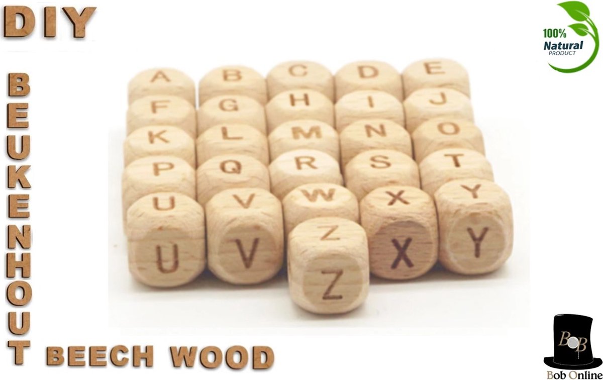 Bob Online ™ - A t/m Z (26 Stuks) Vierkant Beukenhout Kralen 12mm met ca. 3.5mm Gaatje – Houten Letter Kubus Kralen – DIY Houten Alfabet Kralen Laser Gegraveerd – 12mm Beech Wood A to Z Lazer Engraved Letter Beads – Doe-het-zelf Houten Alfabet Kralen