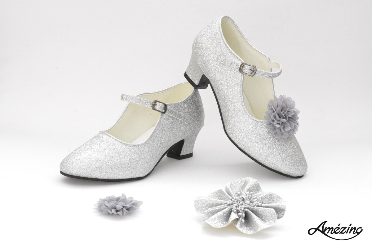 zilver glitter schoenen met hakken + bloemclips + broche (maat 34 -  22cm)... | bol