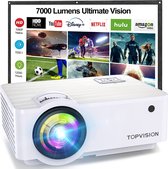 TOPVISION Mini Beamer, Native 1080P Home Cinema Beamer Ondersteunt 1080P Full HD, 7000 Lumen Video Beamer met 300'' Display, LED Projector Compatibel met HDMI/USB/SD/AV/VGA