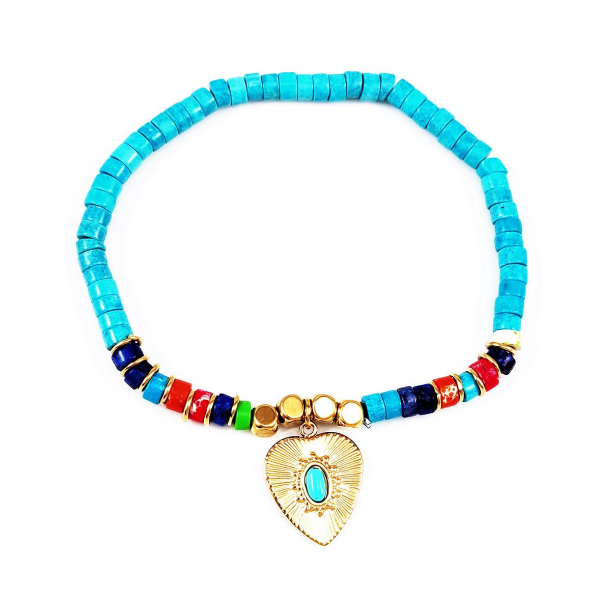 Dottilove Elastische Dames Armband Turkoois Natuursteen - Hart Hanger + Cadeauzakje