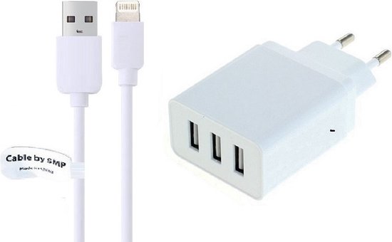 3A lader + 3,0 m Lightning USB kabel. Oplader adapter met 3 poorten past op  o.a. Apple... | bol.com