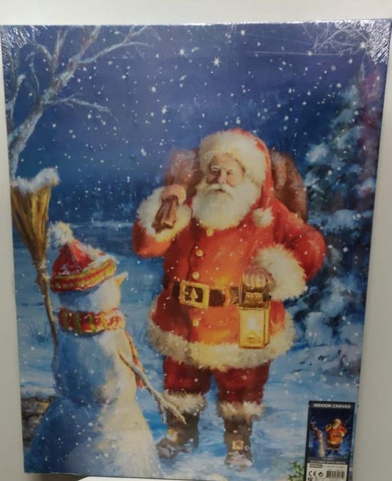 Kerst Canvas Schilderij met LED verlichting Kerstman met Sneeuwman 48x38 cm Voor... bol