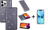 Apple iPhone 13 Glitter Bookcase | Hoogwaardig PU Leren Telefoonhoesje | Pasjeshouder | Grijs + 1x Screenprotector