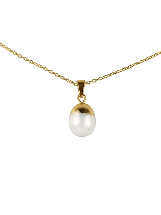 Zoetwater parelketting  Gold Dip White Pearl - echte parels - ketting met hanger - edelstaal - wit - goud