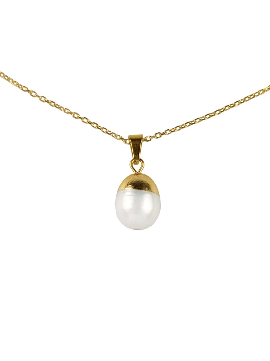 Zoetwater parelketting Gold Dip White Pearl - echte parels - ketting met hanger - edelstaal - wit - goud