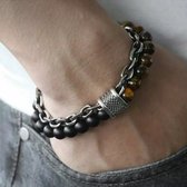 Mannen armband Beads and Charms tweelaags bruin zwart en zilver - armband - sieraad - mannenarmband - heren sieraden