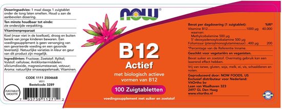 Achterkant flesje NOW B12 Actief met oranje/witte etikettering, met ingrediënten, gebruik en distributie-informatie.