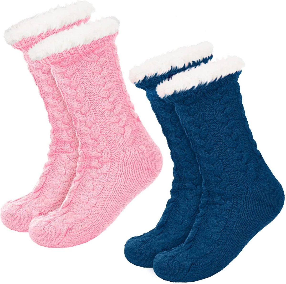 JAXY Huissokken - Huissokken Dames en Heren - Verwarmde sokken - Anti Slip Sokken - Fleece Sokken - Dikke Sokken - Fluffy Sokken - Slofsokken - Warme Sokken - Bedsokken - Gevoerde Sokken - Winter Sokken - 2 Paar - Roze + Petrol