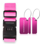 Kofferriem incl. 2 stuks aluminium bagagelabel – Roze – Kofferband – Kofferlabel – Bagageriem – Kofferlabels – Bagageband – Koffer riem – Bagage label – 3-cijfer slot