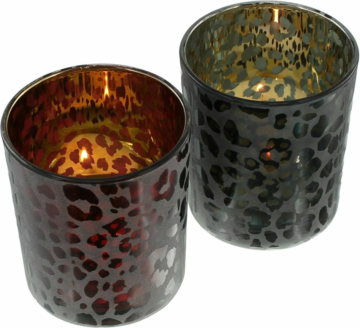 Windlichten - 2 set - Glas - Ø 8 x 10 cm - Rood - Zwart