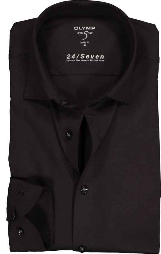 OLYMP Level 5 24/Seven body fit overhemd - zwart tricot - Strijkvriendelijk - Boordmaat: 40