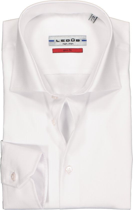 Ledub slim fit overhemd - mouwlengte 7 - wit twill - Strijkvrij - Boordmaat: 46