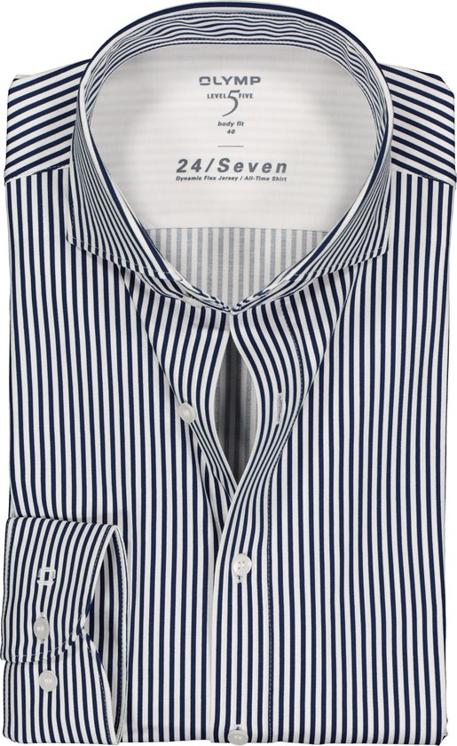 OLYMP Level 5 24/Seven body fit overhemd - marine blauw met wit gestreept - Strijkvriendelijk - Boordmaat: