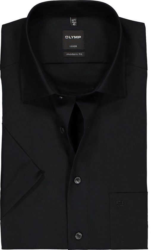 OLYMP Luxor modern fit overhemd - korte mouw - zwart - Strijkvrij - Boordmaat: 40