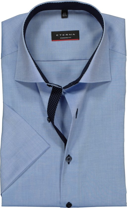 Eterna Modern Fit overhemd - korte mouw - blauw fijn Oxford (contrast) - Strijkvrij - Boordmaat: