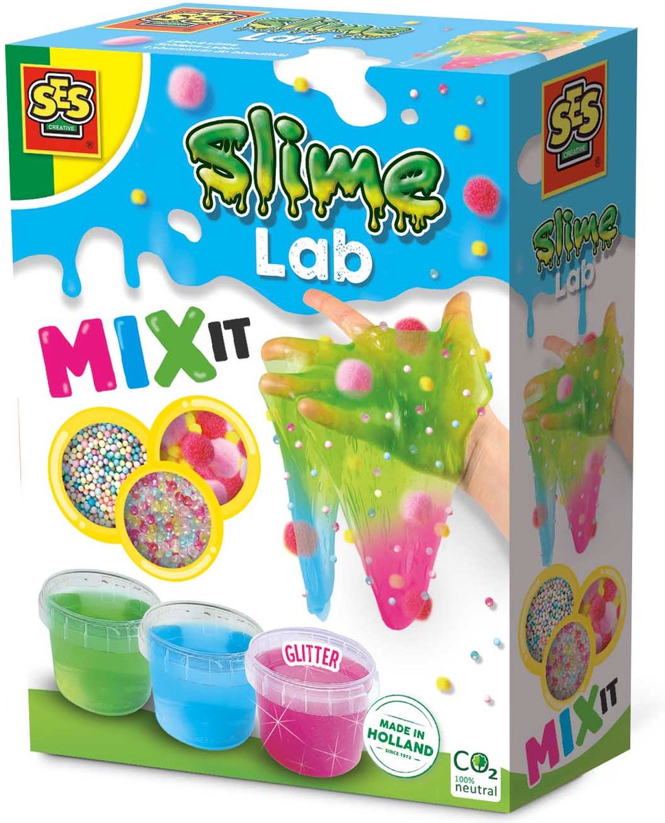 Koe Ik was mijn kleren Bron SES - Slime lab - Mix it - 3 kleuren slijm - met balletjes, pompons en  kralen om te mixen | bol.com