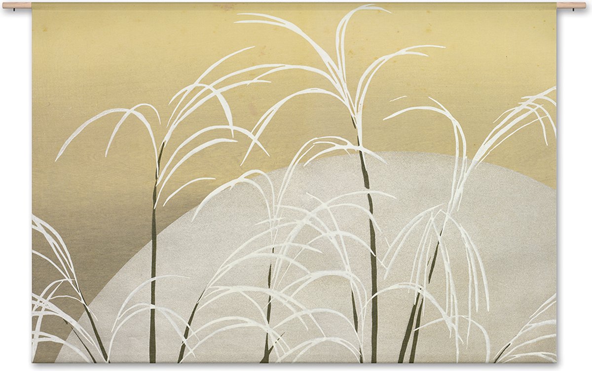 Naturalis Unlimited ‘Susuki Grass’ in het maanlicht - Houtsnede van Kamisaka Sekka - wandkleed XL inclusief ronde stokken goud