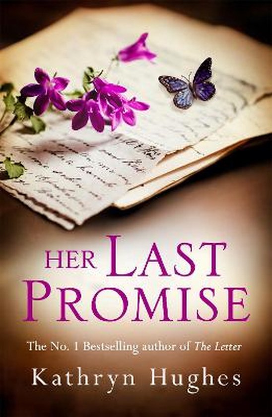 Boekomslag 'Her Last Promise' met paarse bloemen en een vlinder op brieven.