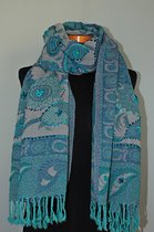 Wollen geborduurde sjaal en omslagdoek Turquoise-Zeegroen