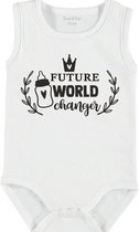 Baby Rompertje met tekst 'Future world changer' | mouwloos l | wit zwart | maat 50/56 | cadeau | Kraamcadeau | Kraamkado