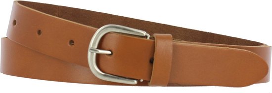 Bruine leren riem met zilverkleurige gesp en vierkante sluiting. Drie gaatjes voor sluiting.