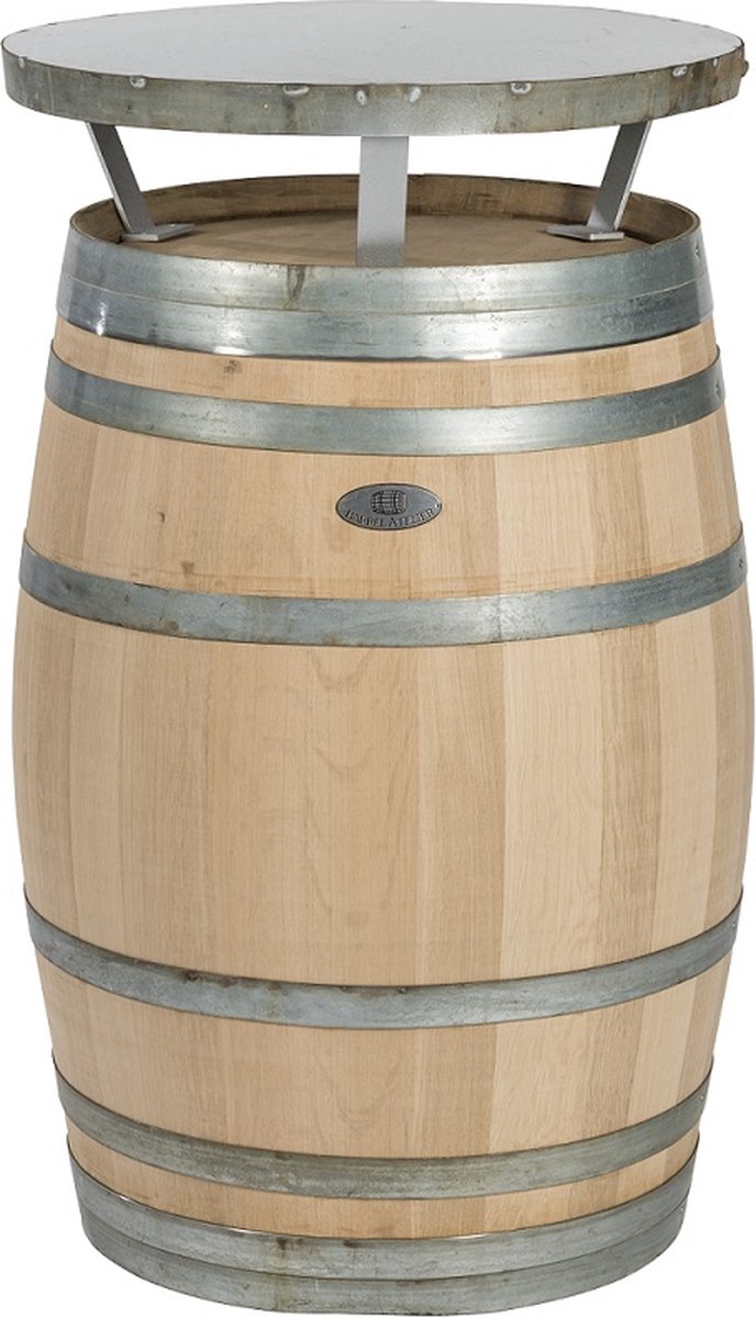 BarrelAtelier Wijnvat Statafel – Gemaakt van Origineel Eiken Wijnvat – Industrieel Design – Ø67 cm x 120 cm hoog – Met Gegalvaniseerd Blad – Bartafel - Duurzaam Houtkleur (onbehandeld)
