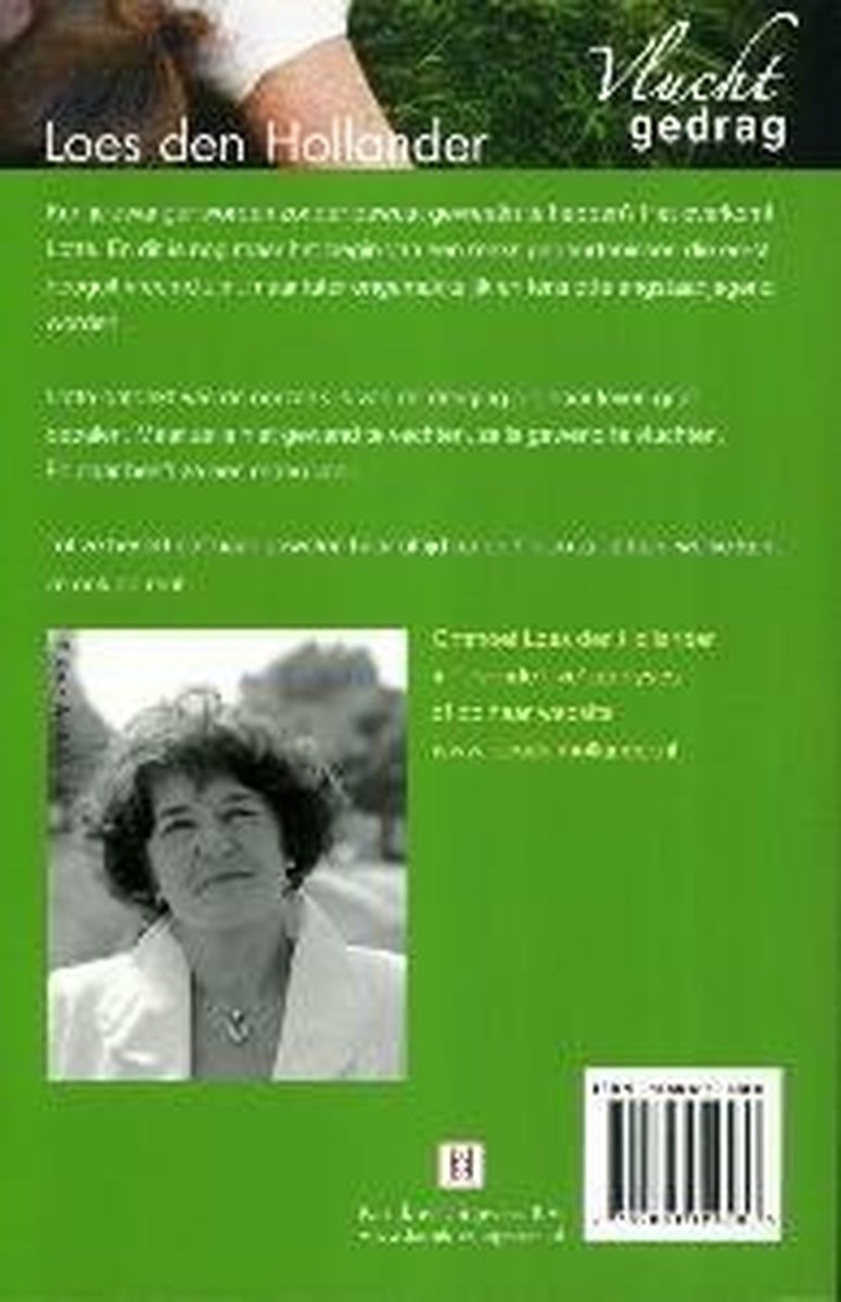 Achterkant van een boek met een groene achtergrond. Links een foto van een vrouw. In het midden de titel "Vluchtgedrag".