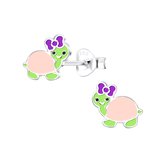 Joy|S - Zilveren schildpad oorbellen - roze met paarse strikje - 9 x 8 mm