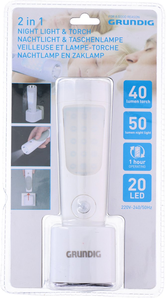 EUROtops Light'n Plug Zaklamp voor noodgevallen, met ledverlichting, oplaadbaar met stopcontact, zonder kabel/batterijen, fixeerbaar met magneet, polsband, 150 lumen, klein, zwart