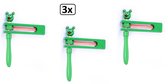 3x Ratel groen met kikker kop - ratelaar muziek instrument herrie maker carnaval kikker hout grappig en fout optocht