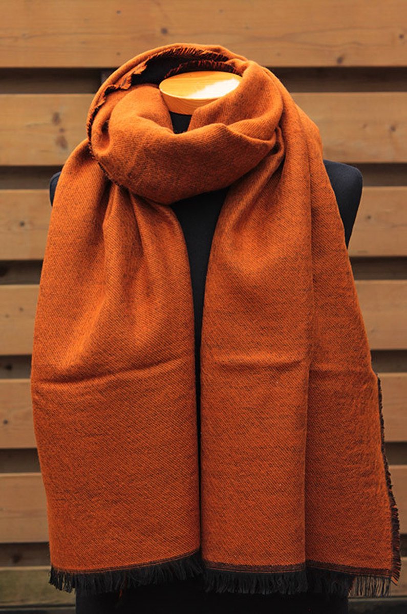 Dubbelgeweven sjaal in 2 kleuren Cognac/Zwart 72 cm x 200 cm