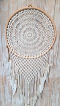 Dromenvanger macrame bamboe ring met naturel kralen witte veren ±50cm