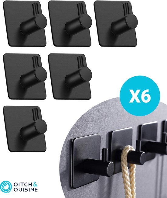 Qitch & Quisine Handdoekhaakjes - Set van 6 Zwarte Haakjes - Zelfklevend - Waterbestendig - RVS