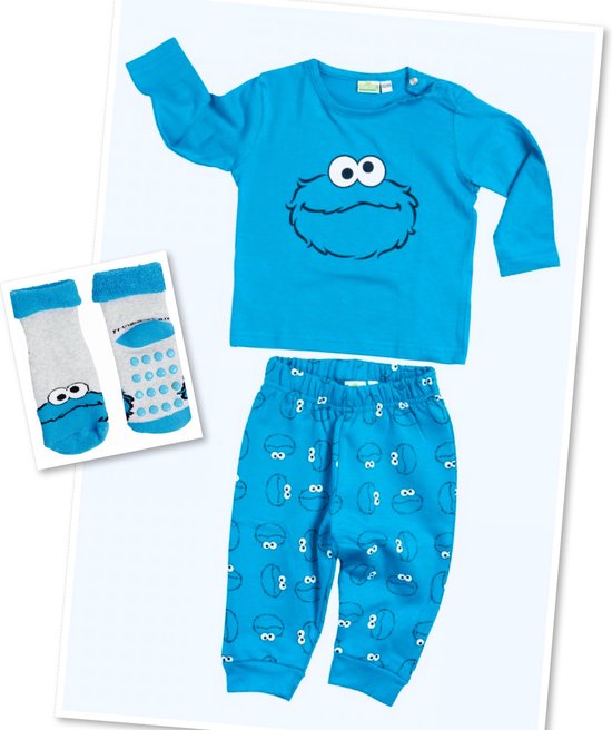 Sesamstraat babyset 3-delig - Koekie Monster - Cookie Monster - 2-delige set + 1 paar sokjes - Blauw/Grijs - Set maat 62/68 + Sokjes 15/18