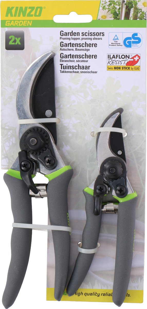 Kinzo Snoeischaren - 2 Stuks Tuinscharen - 21 CM en 16 CM - Speciale Coating voor Grip, Comfort en Duurzaamheid - Grijs/Groen