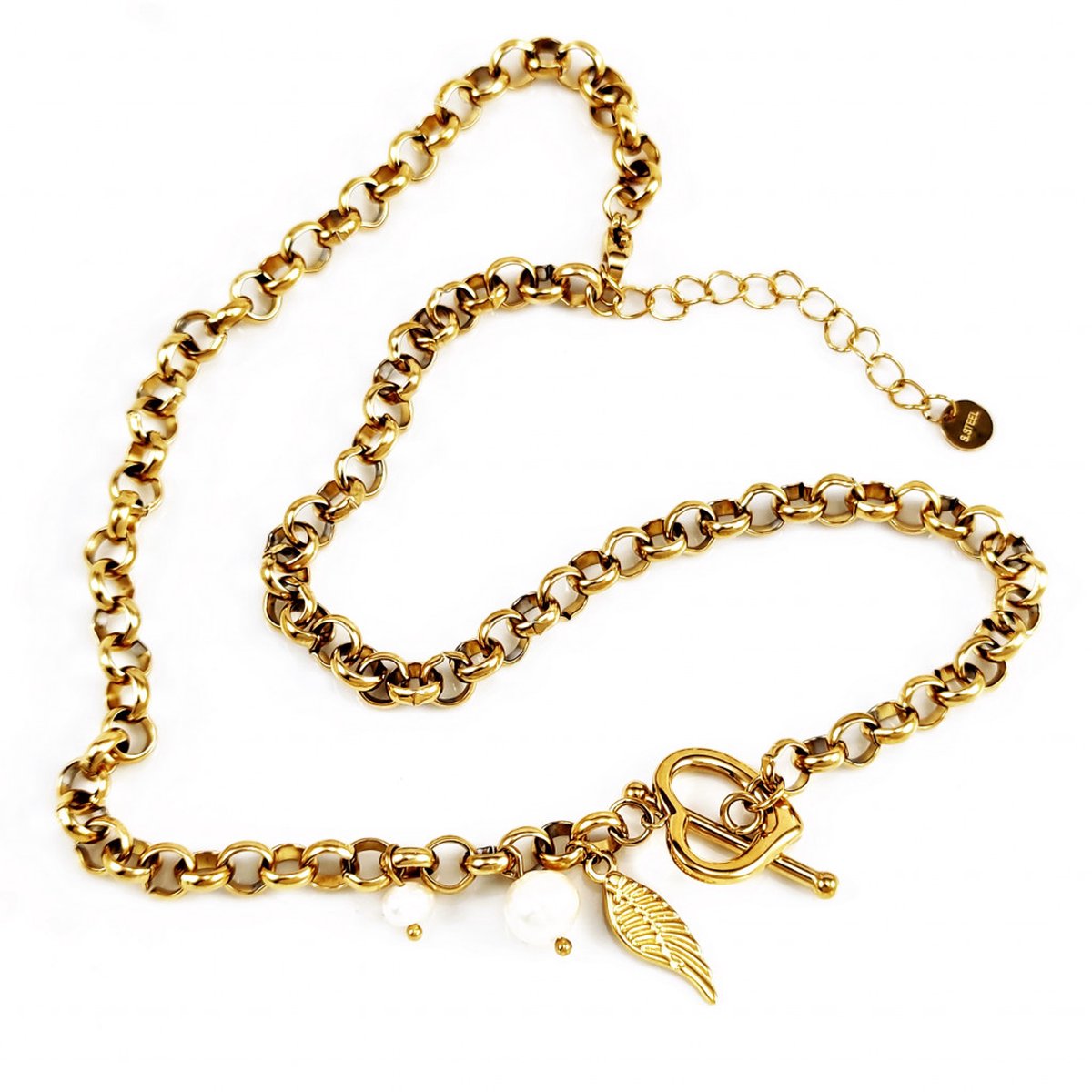 Dottillove Ketting Dames - Geelgoudkleurig Verguld RVS - Geforceerde Ketting Hart - Zoetwaterparels