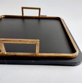 Platte serveerschaal - Decoratie plateau - mat - zwart - goud - 32x32x6 cm - zwart -