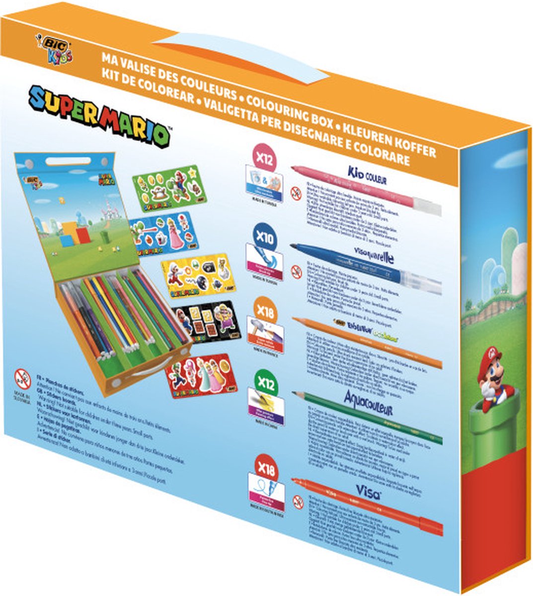 BIC Kids Super Mario Kleurdoos - met Kleurpotloden - Visaquarelle - Aquarelpotloden - Viltstiften en Stickers - Verschillende Kleuren - Herbruikbare Doos van 70 Stuks met 5 Stickervellen — afbeelding 7